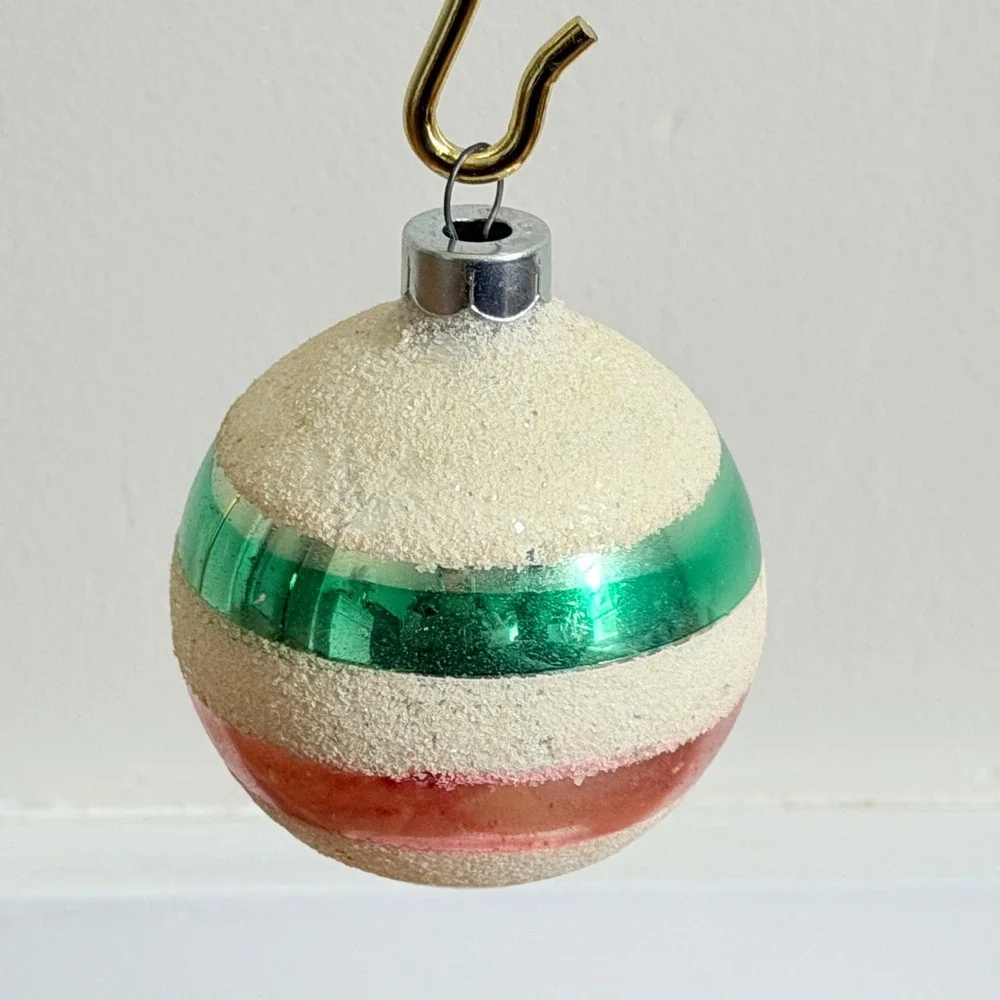 George Franke Pair Christmas Ornaments Pink Green Striped Mica USA MCM 1950's
